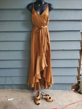 Mustard Gold Wrap Maxi Dress with Ruffle Hem